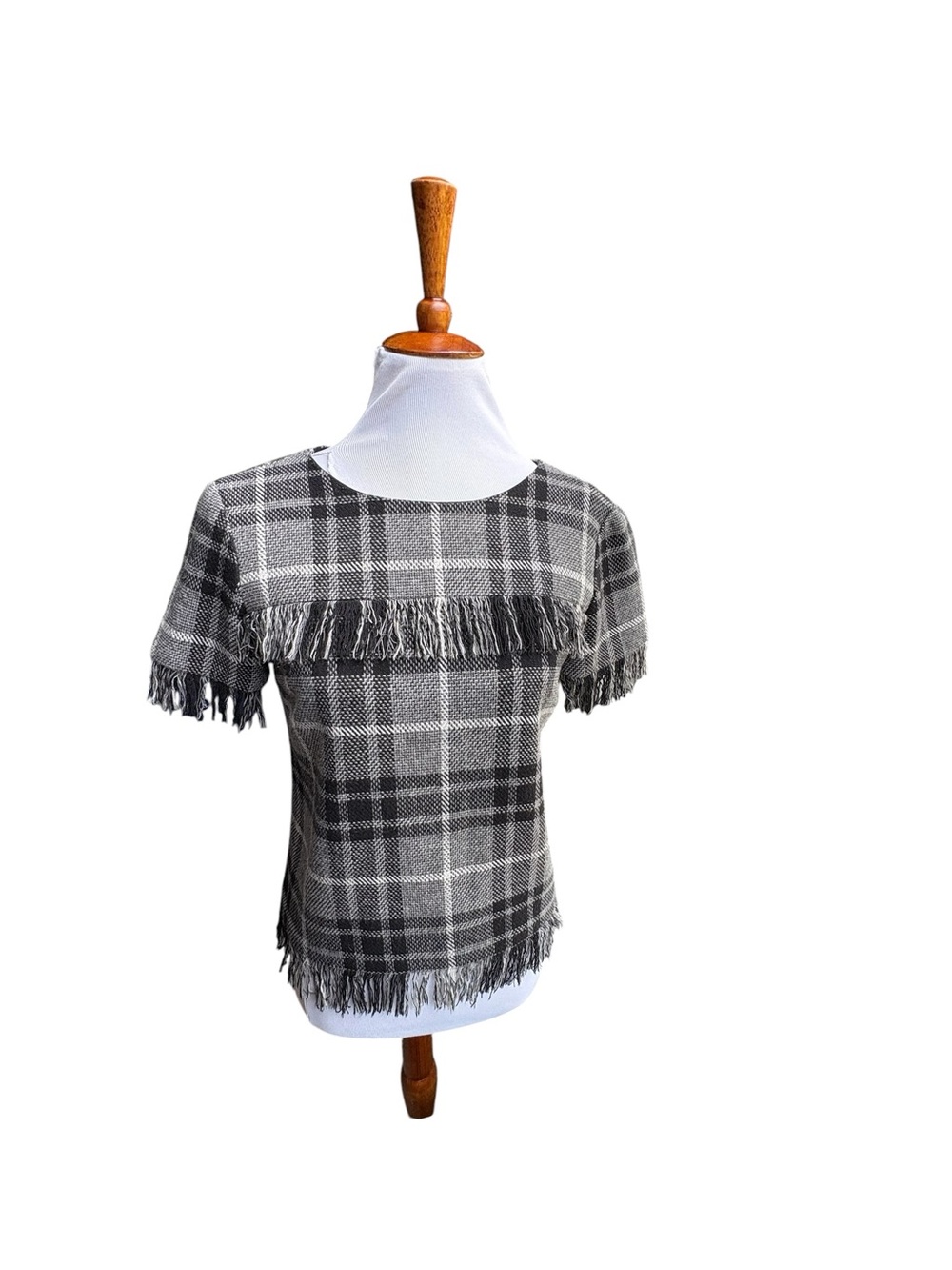 Amanda Uprichard Wool Black & Gray Plaid Fringe Top